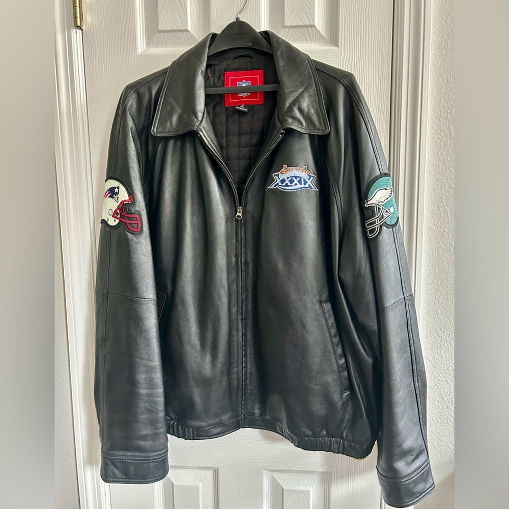 NFL Black Leather Super Bowl XXXIX Jacket w/Team Patches - Patriots, Eagles XXL